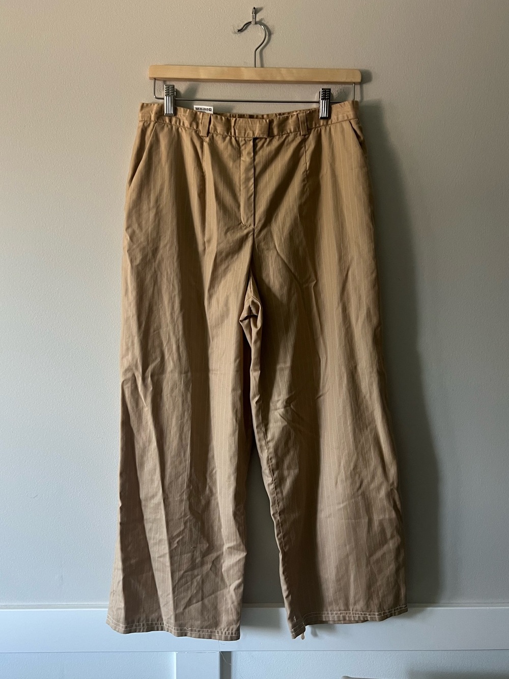 Vintage Escada Margaretha Ley Camel Pinstripe Wide Leg Wool Pants EU 42